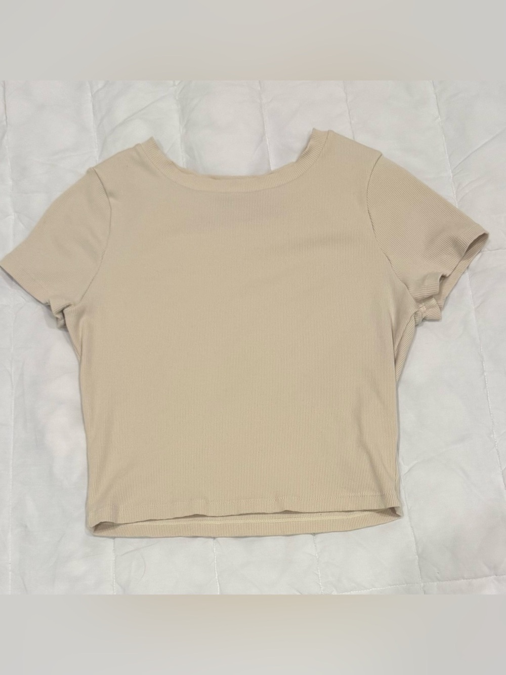 Women's Beige Ribbed Cropped Short Sleeve Top Size Medium